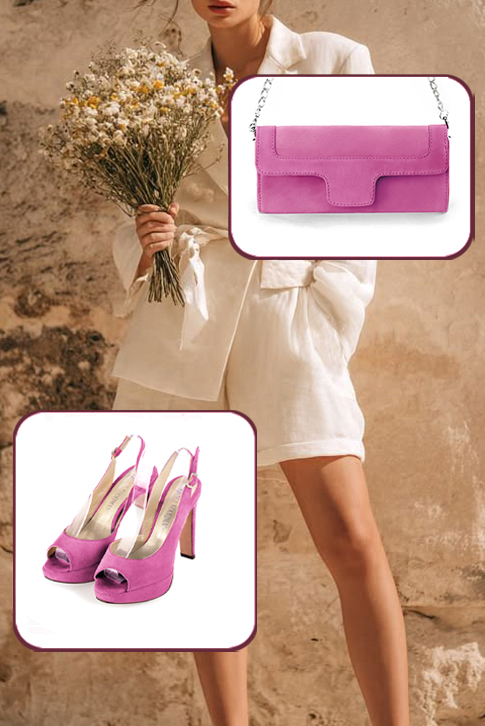 Dress heels peep-toe slingback in shocking pink leather with high slim heels with a platform at the front and round toe - Worn view